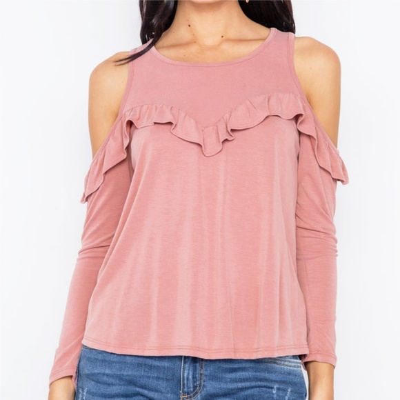 Mauve Pink Pretty Ruffle Soft Cold Shoulder Top - Picture 2 of 8